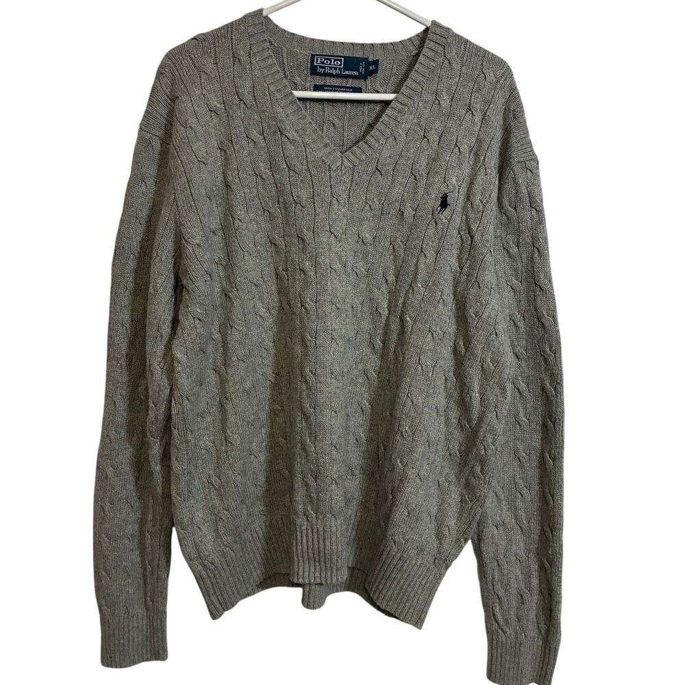 Polo Ralph Lauren Mens XL 100% Tussah Silk Cable Knit V Neck Sweater Gray